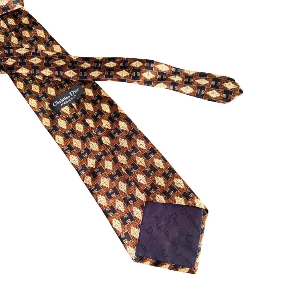 Christian Dior Monsieur Silk Tie Brown Tan Geometric Diamond Print Mens Vintage